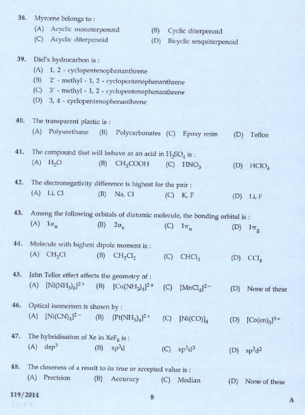 KPSC Lecturer In Chemistry Exam 2014 Code 1192014 6
