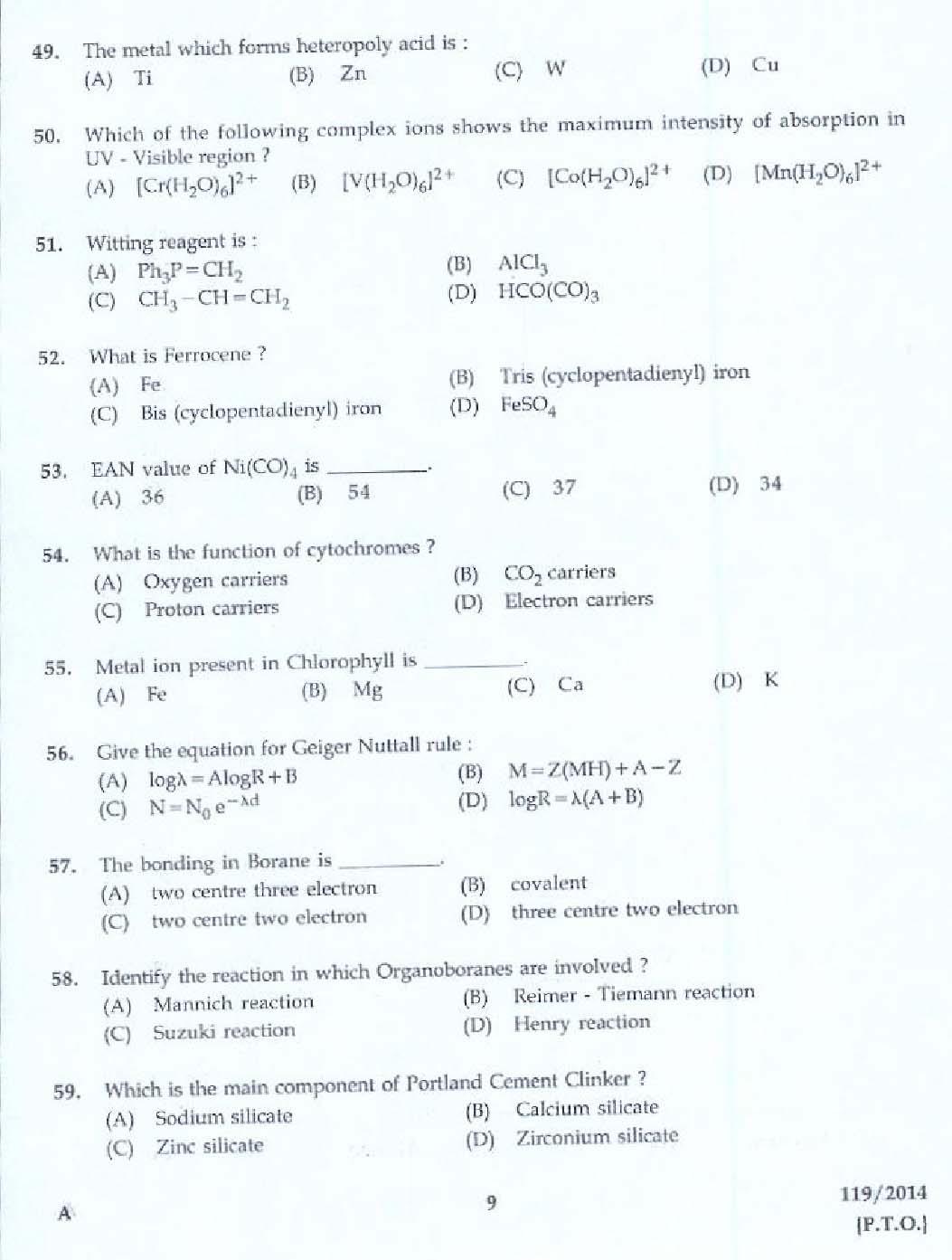 KPSC Lecturer In Chemistry Exam 2014 Code 1192014 7