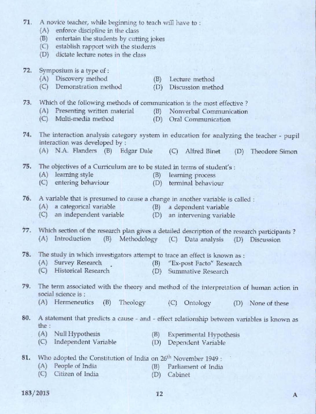 KPSC Lecturer in Malayalam Exam 2015 Code 1832015 10