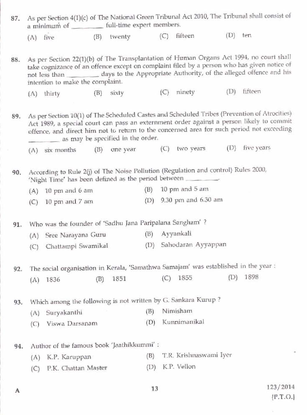 KPSC Lecturer in Political Science Exam 2014 Code 1232014 11