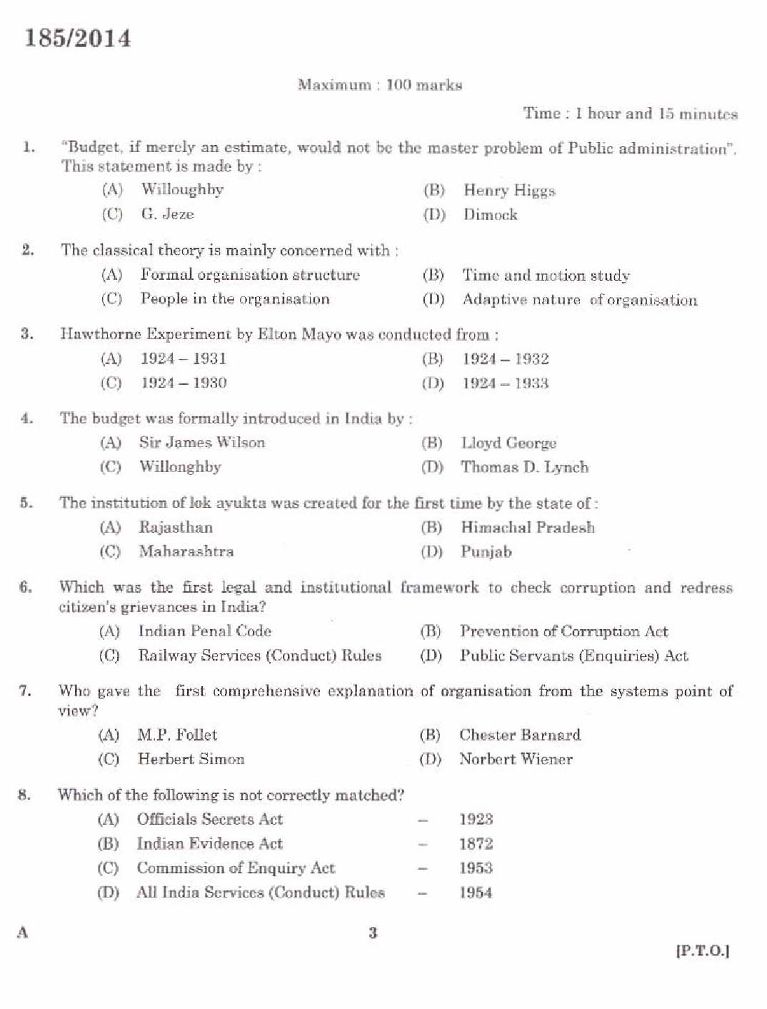KPSC Lecturer in Public Administration Exam 1852014 1