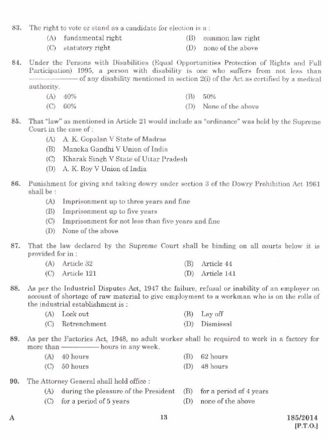 KPSC Lecturer in Public Administration Exam 1852014 11