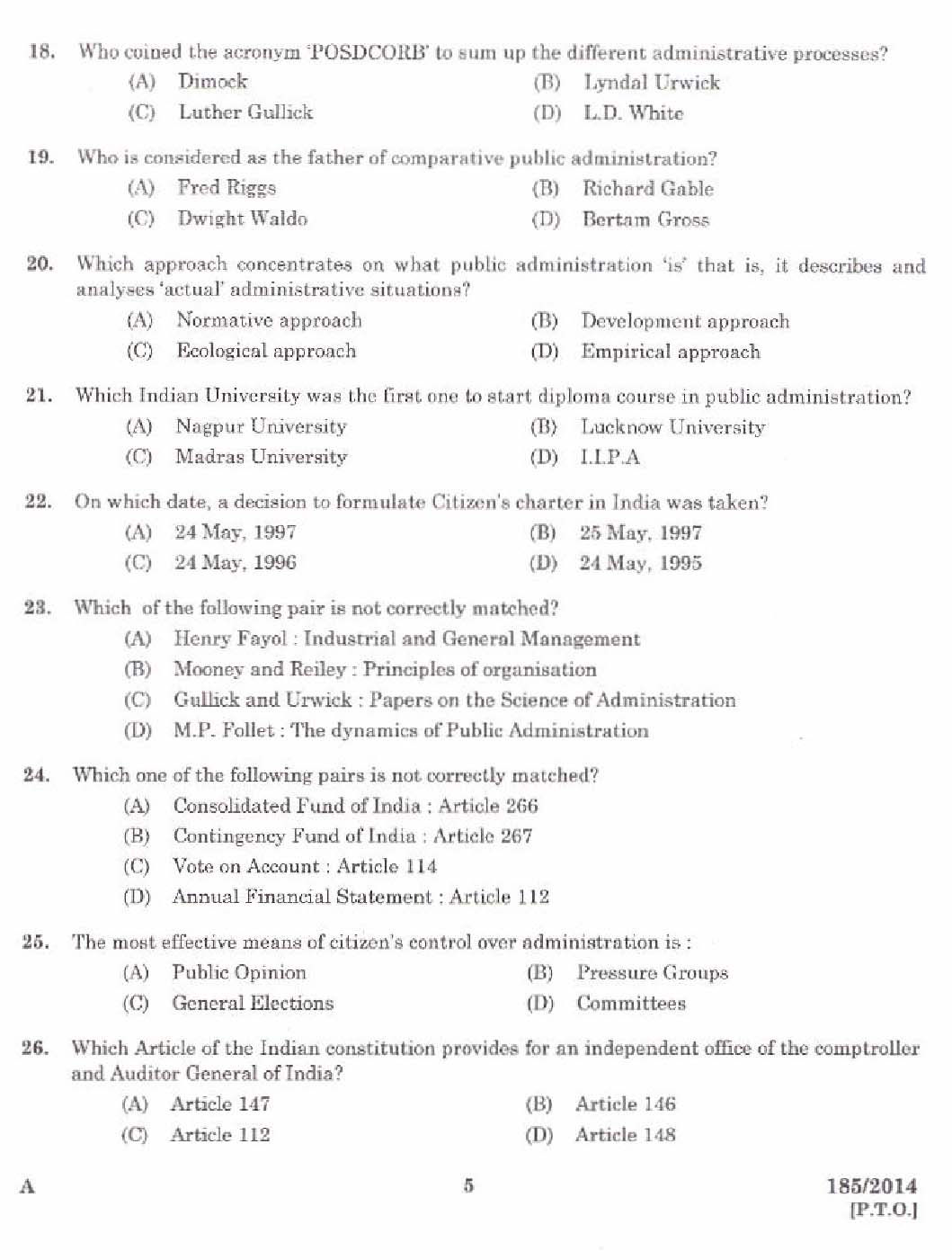 KPSC Lecturer in Public Administration Exam 1852014 3