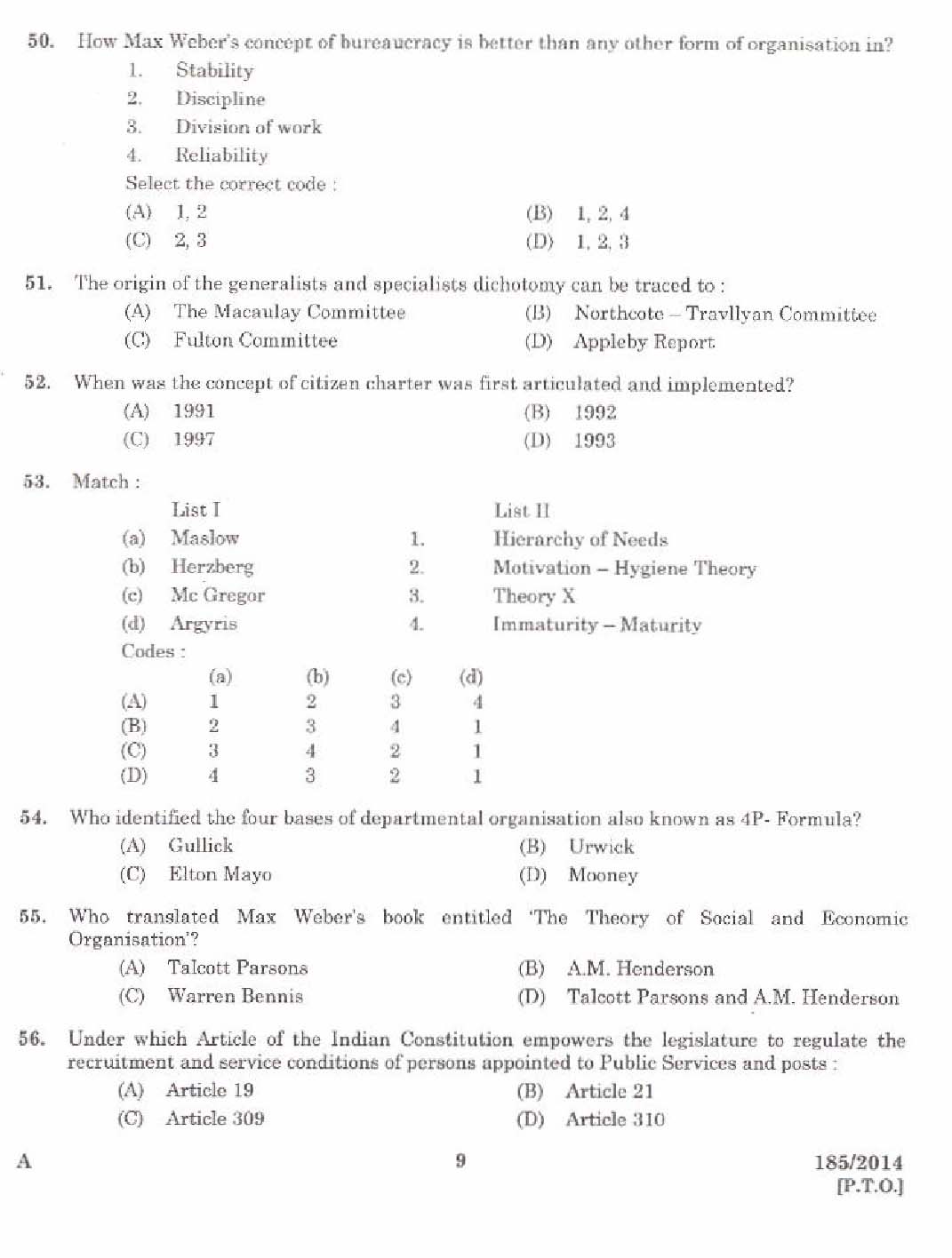 KPSC Lecturer in Public Administration Exam 1852014 7