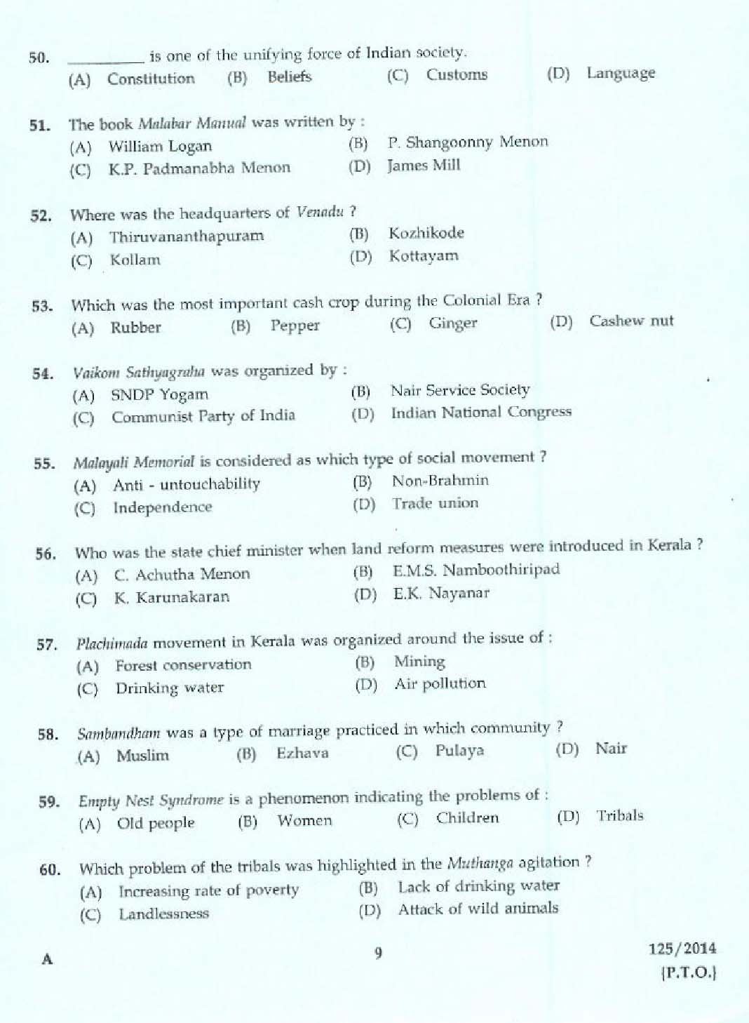 KPSC Lecturer in Sociology Exam 2014 Code 1252014 7