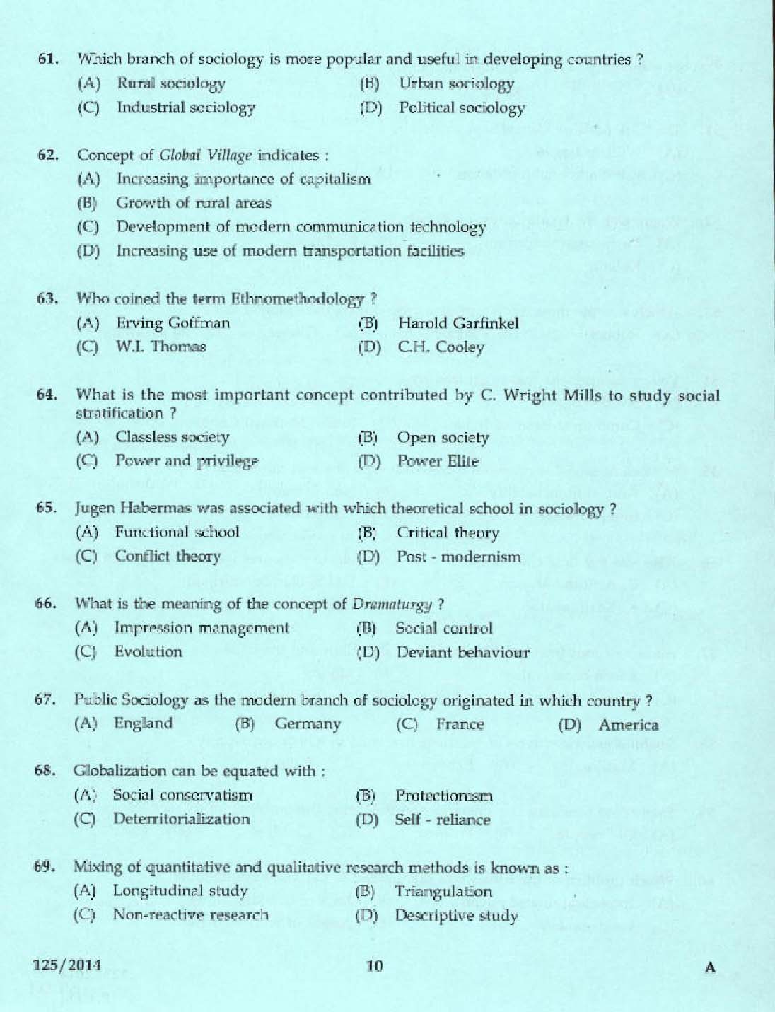 KPSC Lecturer in Sociology Exam 2014 Code 1252014 8