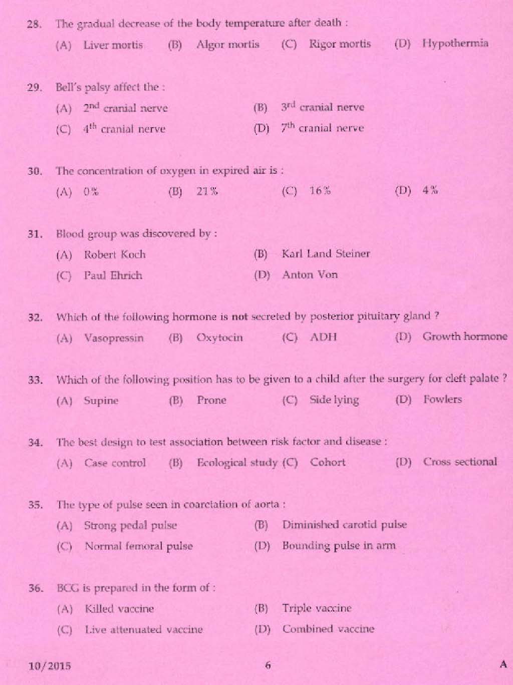 KPSC Nursing Tutor Exam 2015 Code 102015 4