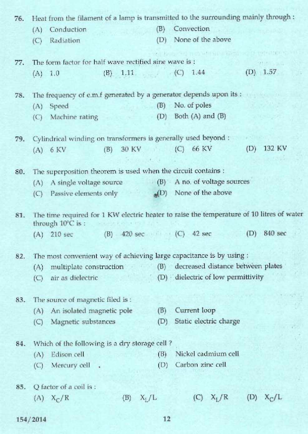 KPSC Overseer Electrical Exam 2014 Code 1542014 10