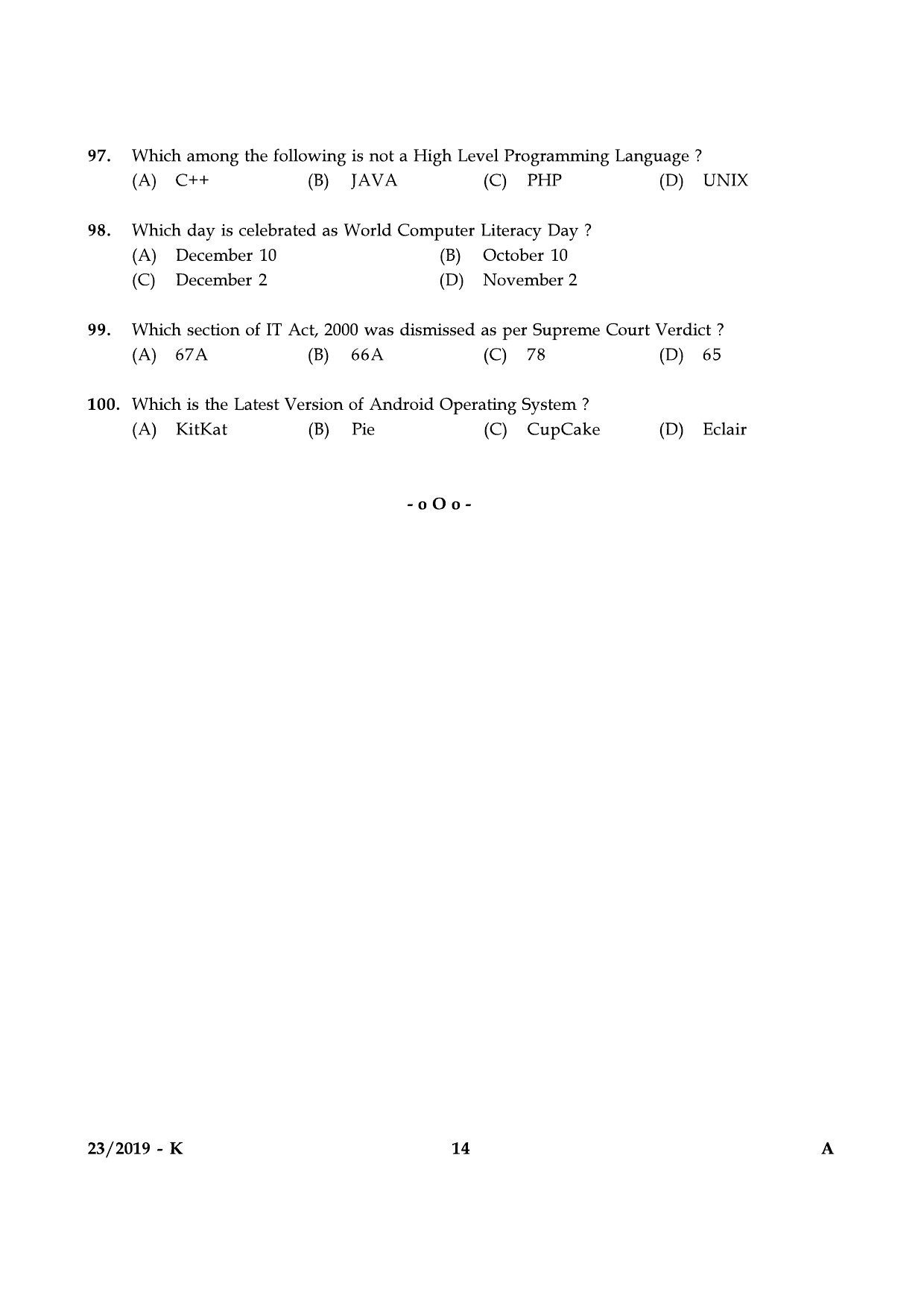 KPSC Senior Superintendent Kannada Exam 2019 Code 232019 K 13