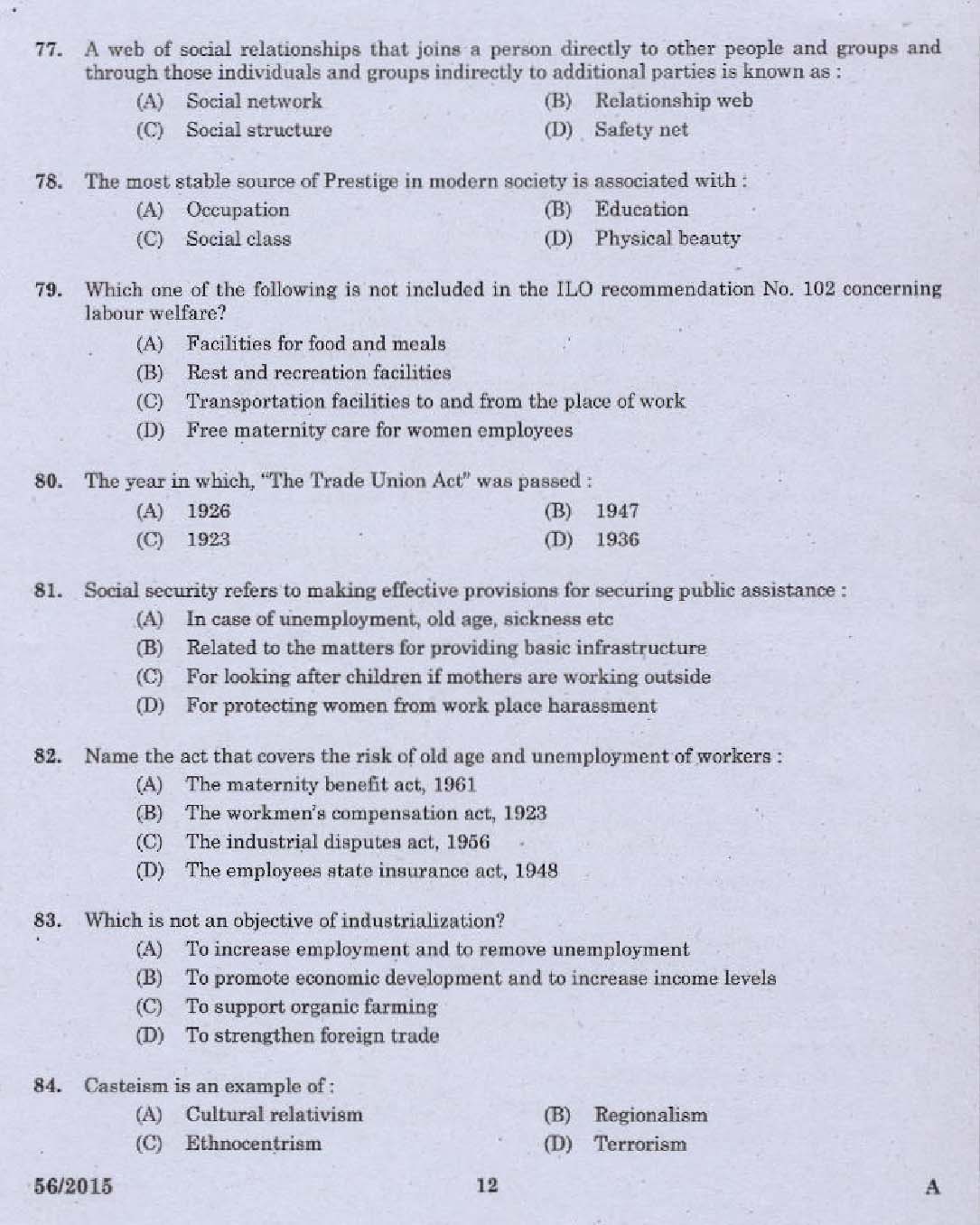 KPSC Welfare Officer Exam 2015 Code 562015 10
