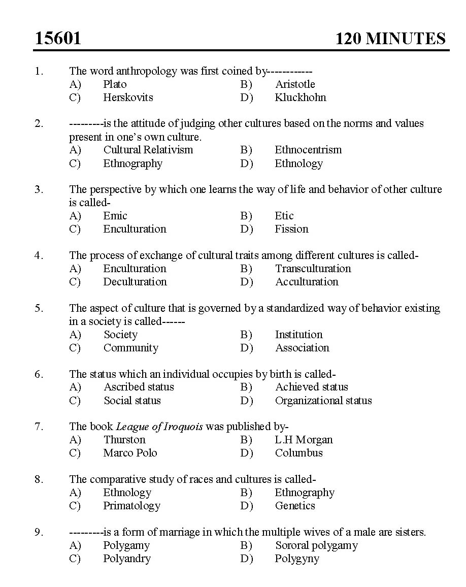 Kerala SET Anthropology Exam 2015 Question Code 15601 1