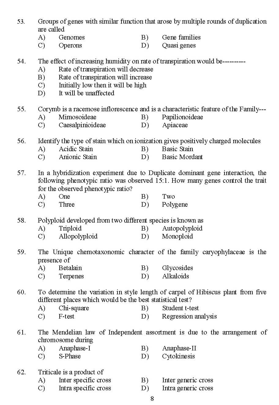 Kerala SET Botany Exam 2015 Question Code 15603 8