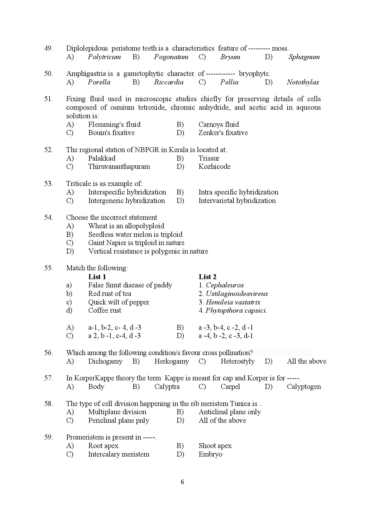 Kerala SET Botany Exam Question Paper February 2020 6