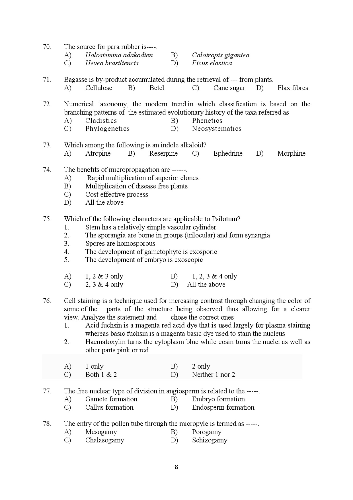 Kerala SET Botany Exam Question Paper February 2020 8