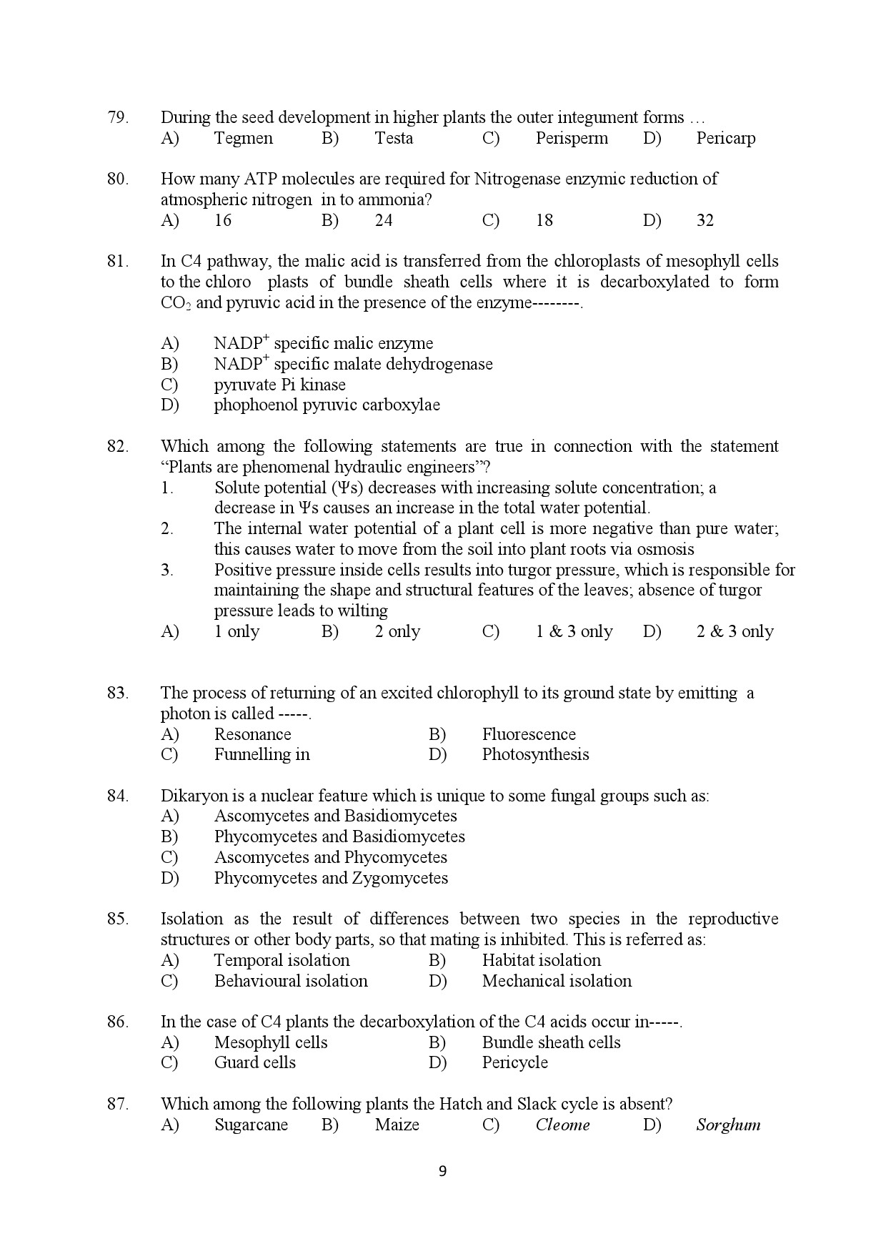 Kerala SET Botany Exam Question Paper February 2020 9