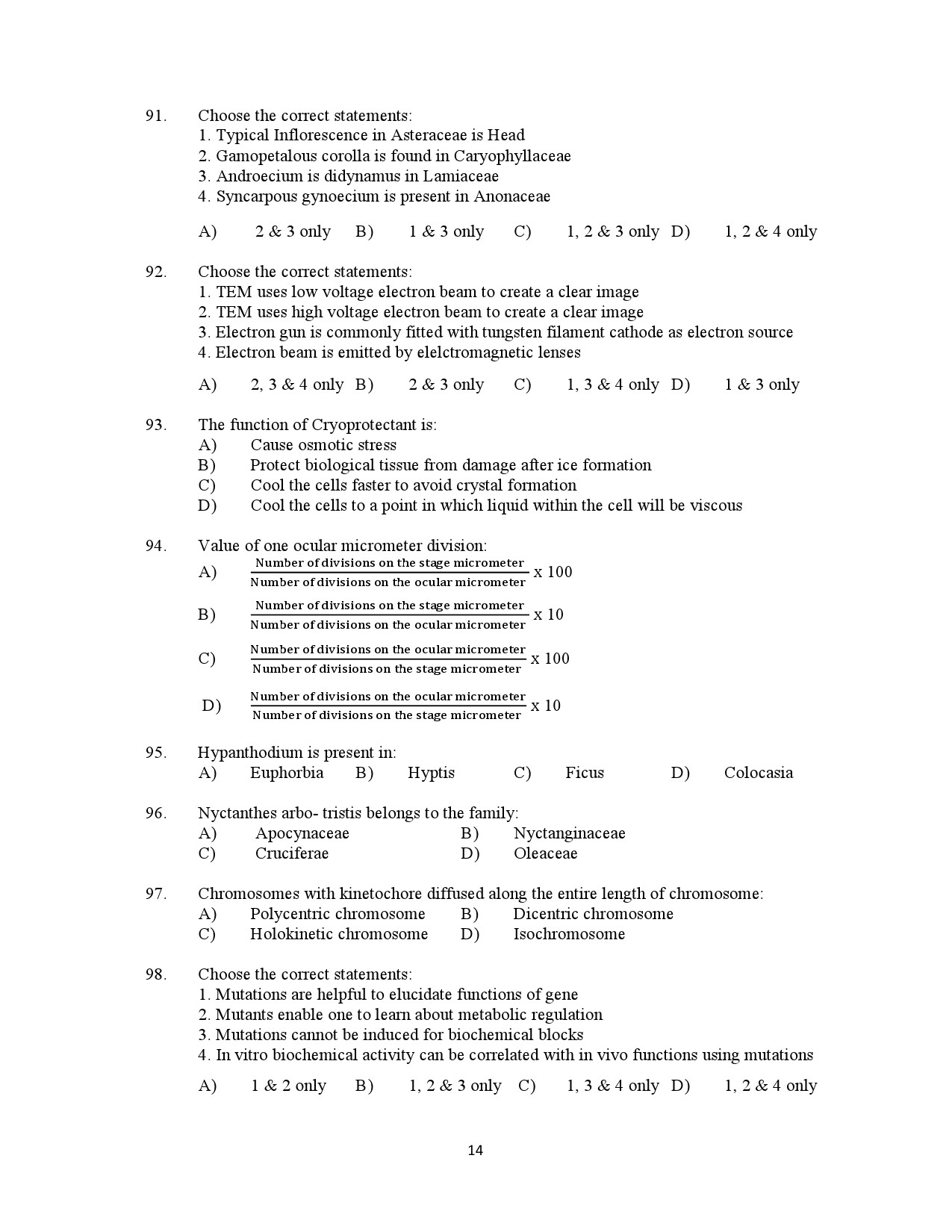 Kerala SET Botany Exam Question Paper July 2021 14