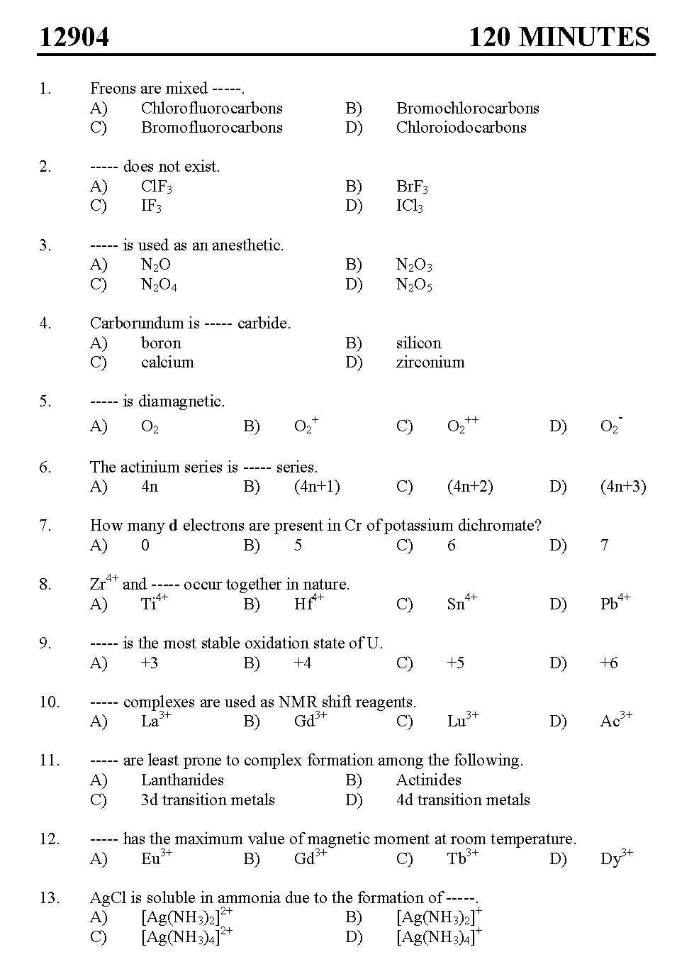 Kerala SET Chemistry Exam 2012 Question Code 12904 1