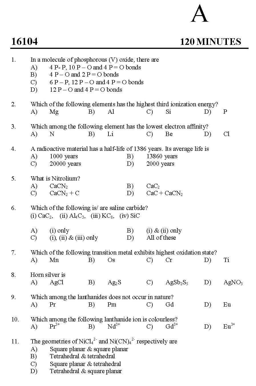 Kerala SET Chemistry Exam 2016 Question Code 16104 A 1