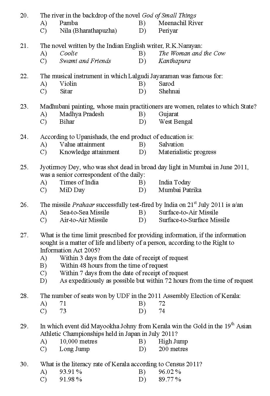 Kerala SET General Knowledge Exam 2011 Question Code 91136 3
