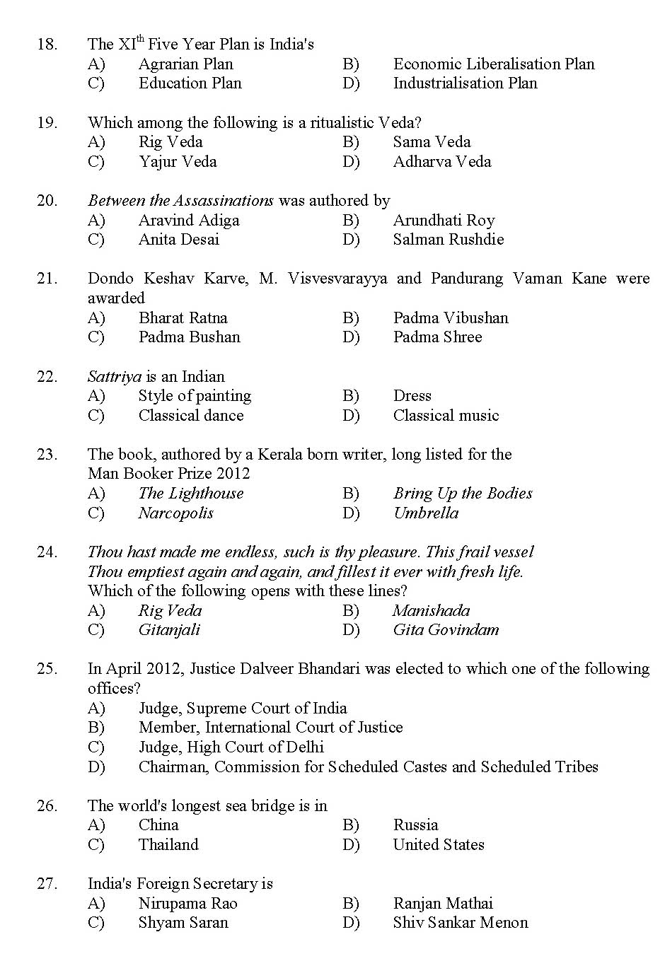 Kerala SET General Knowledge Exam 2012 Question Code 12936 3