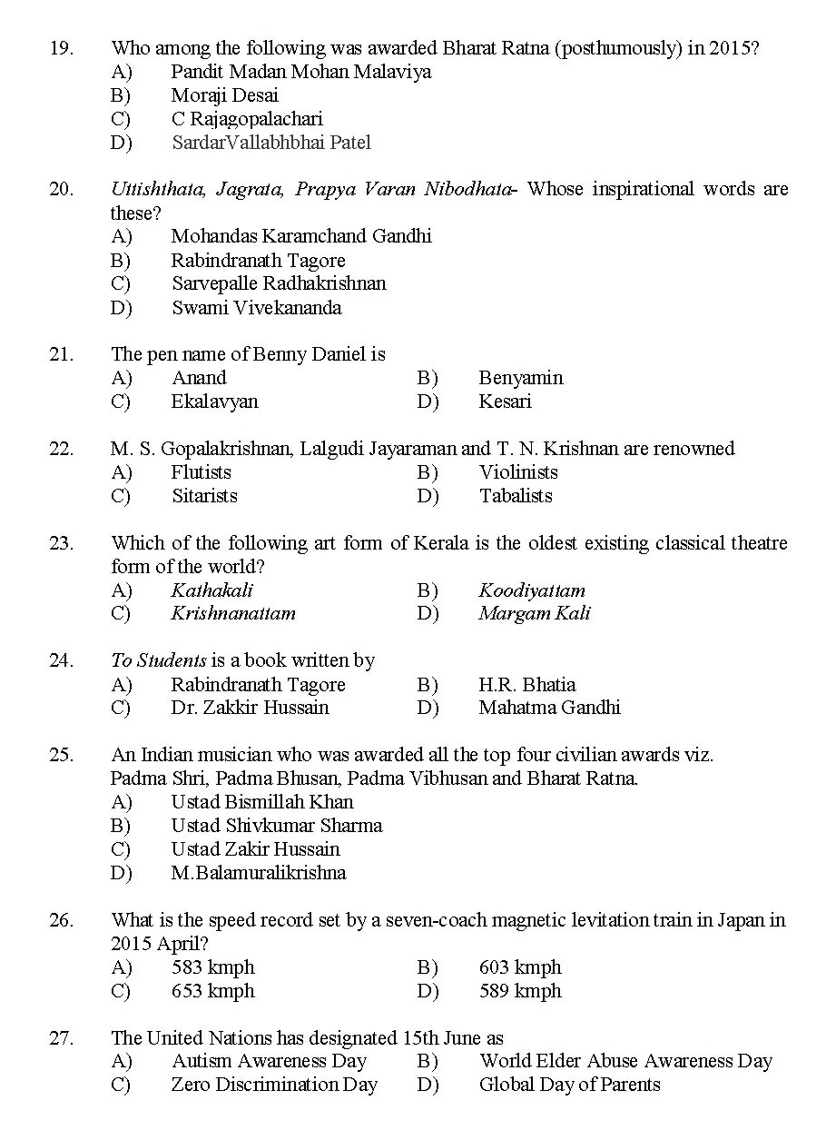 Kerala SET General Knowledge Exam 2015 Question Code 15636 3