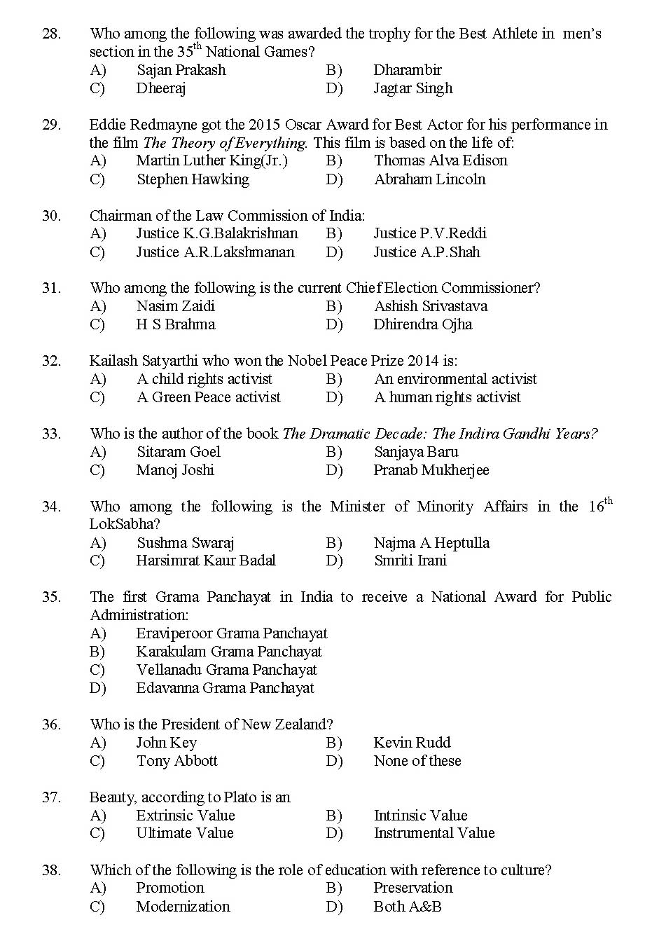 Kerala SET General Knowledge Exam 2015 Question Code 15636 4