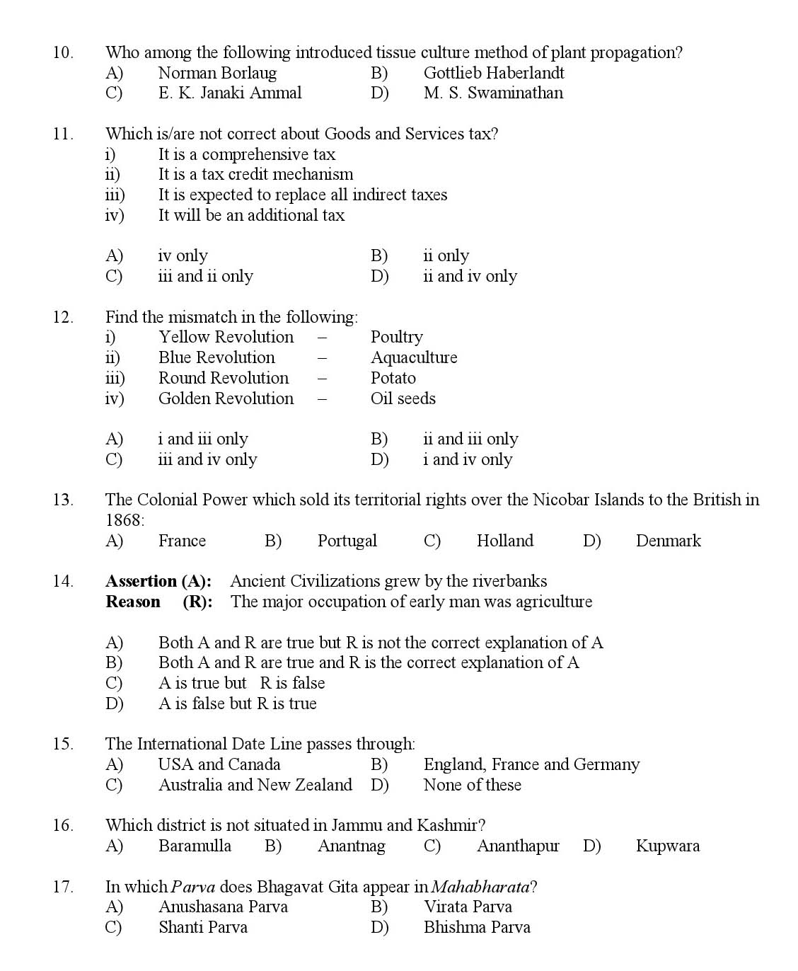 Kerala SET General Knowledge Exam 2017 Question Code 17836 A 2