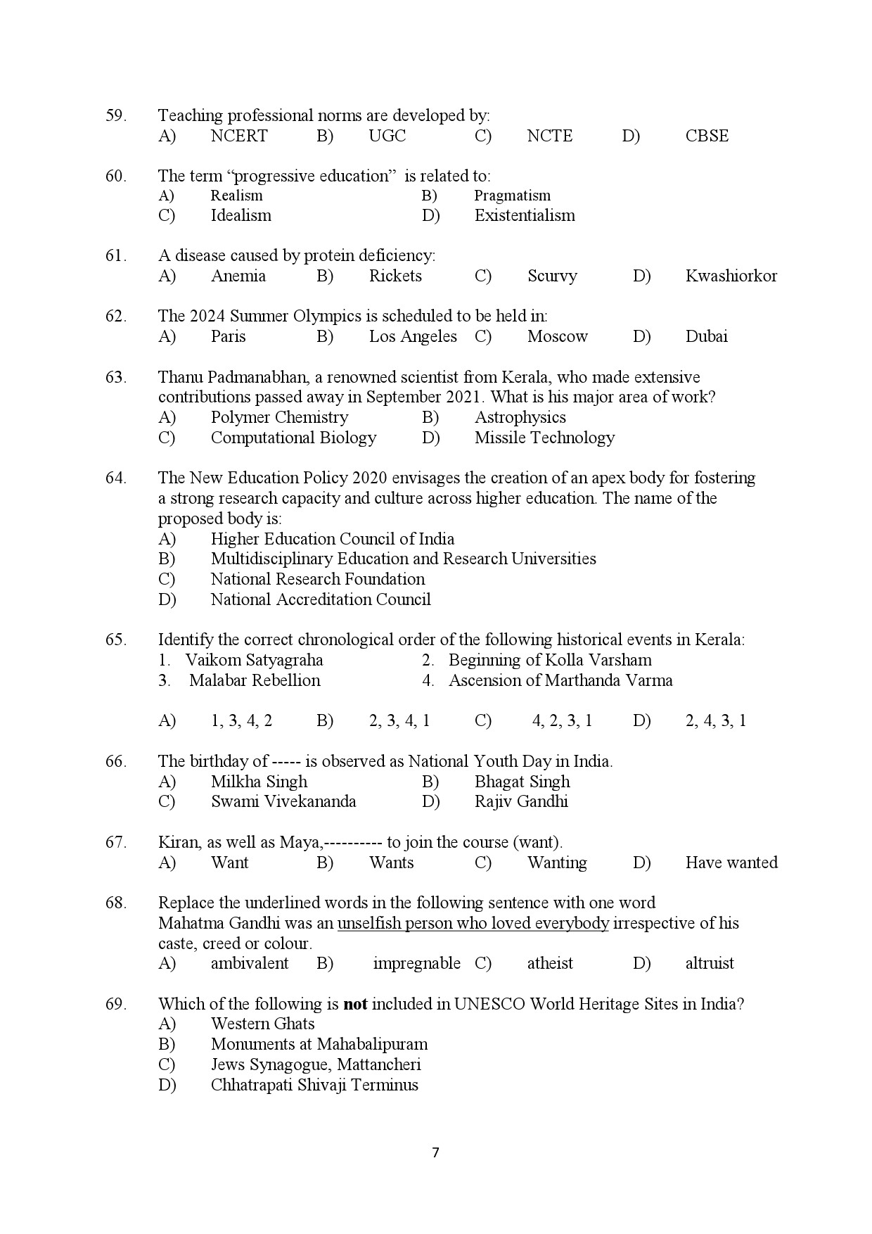 Kerala SET General Knowledge Exam Question Paper January 2022 7