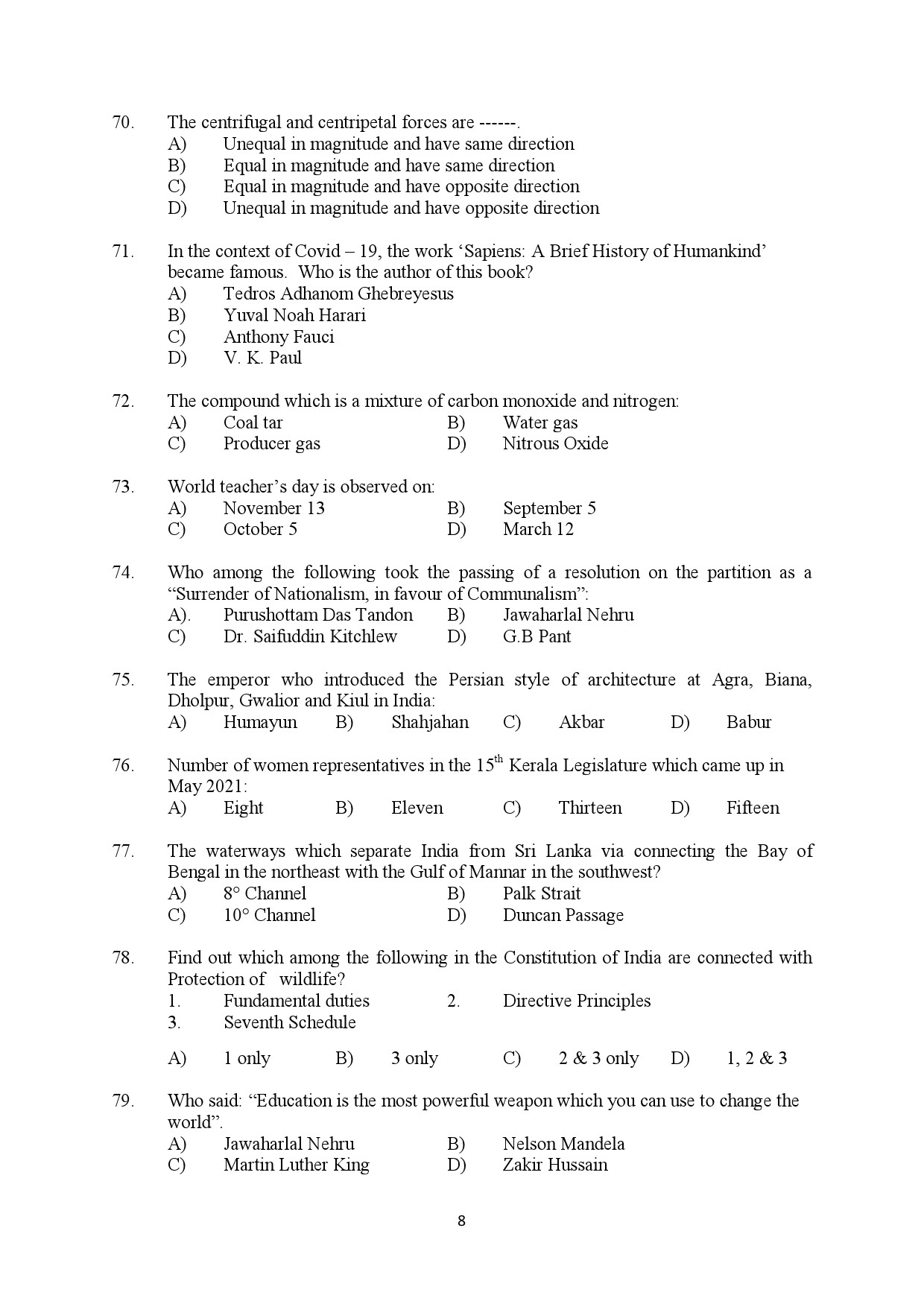 Kerala SET General Knowledge Exam Question Paper January 2022 8