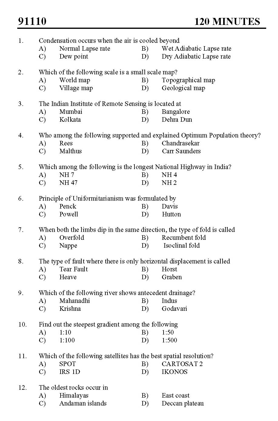 Kerala SET Geography Exam 2011 Question Code 91110 1