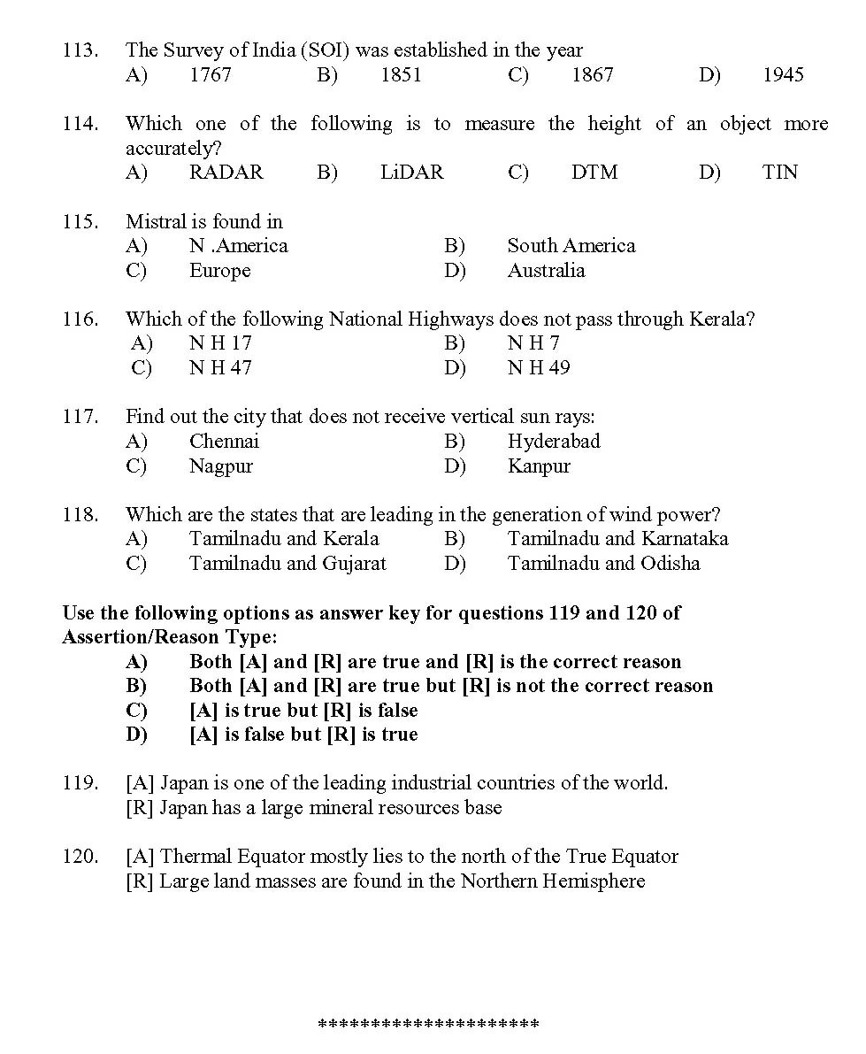 Kerala SET Geography Exam 2013 Question Code 13610 11