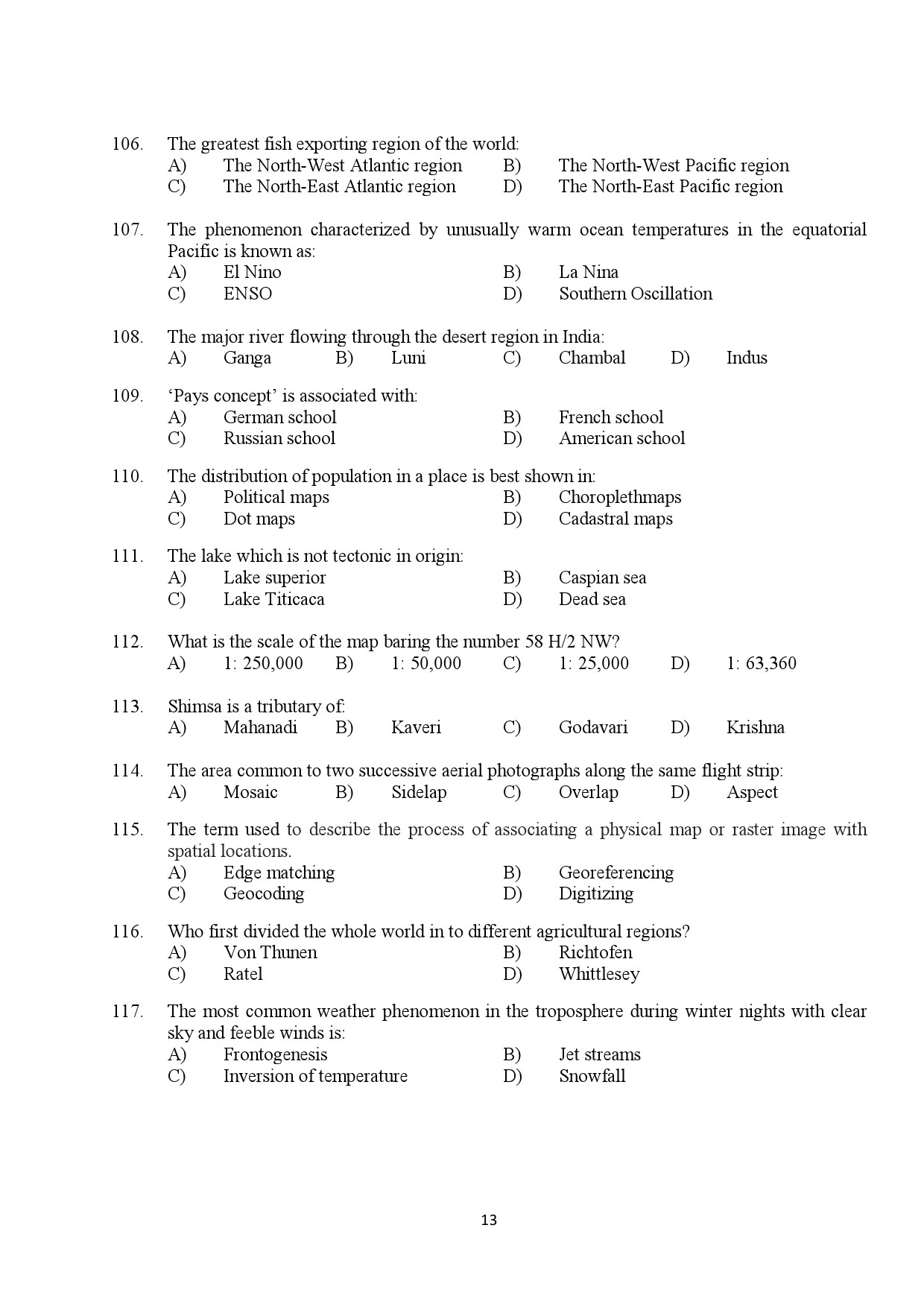 Kerala SET Geography Exam Question Paper February 2018 13