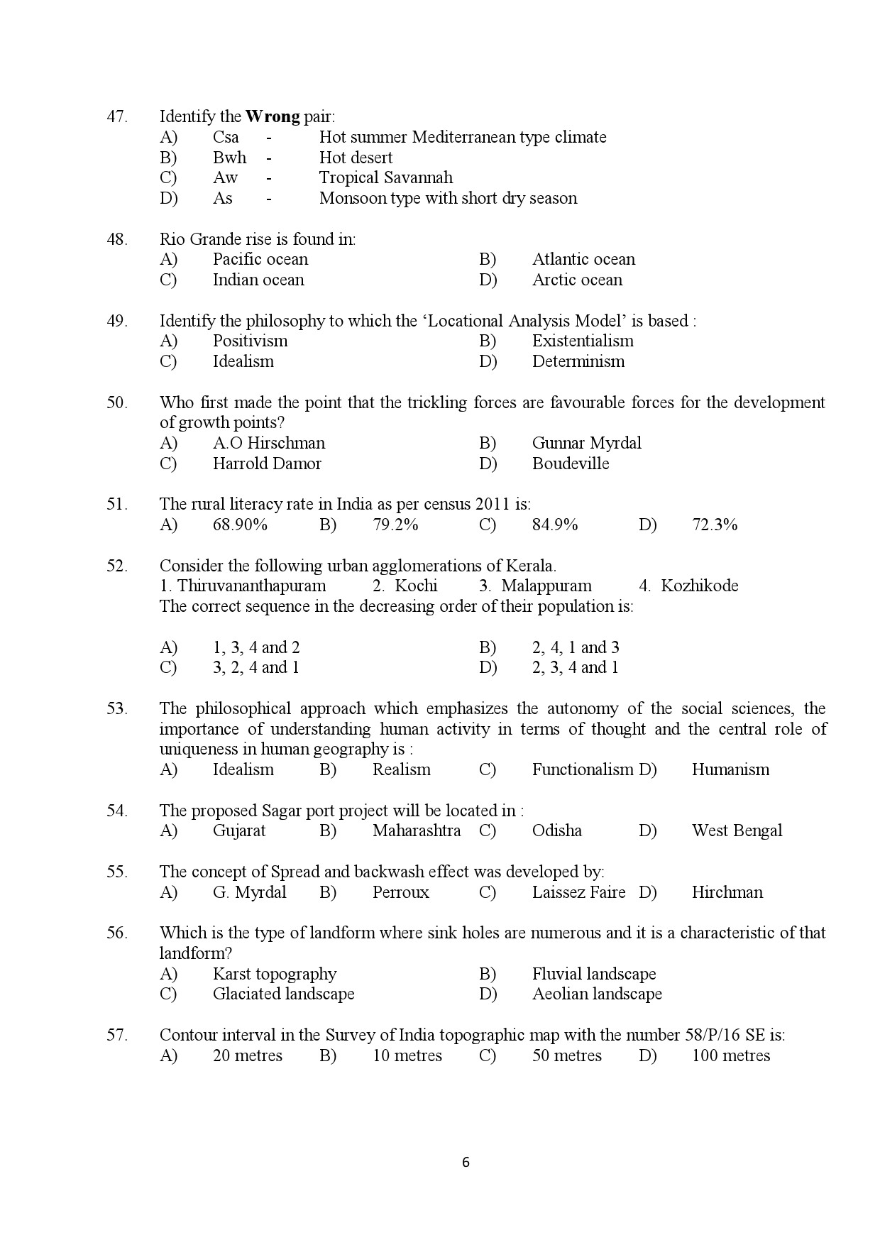 Kerala SET Geography Exam Question Paper February 2018 6