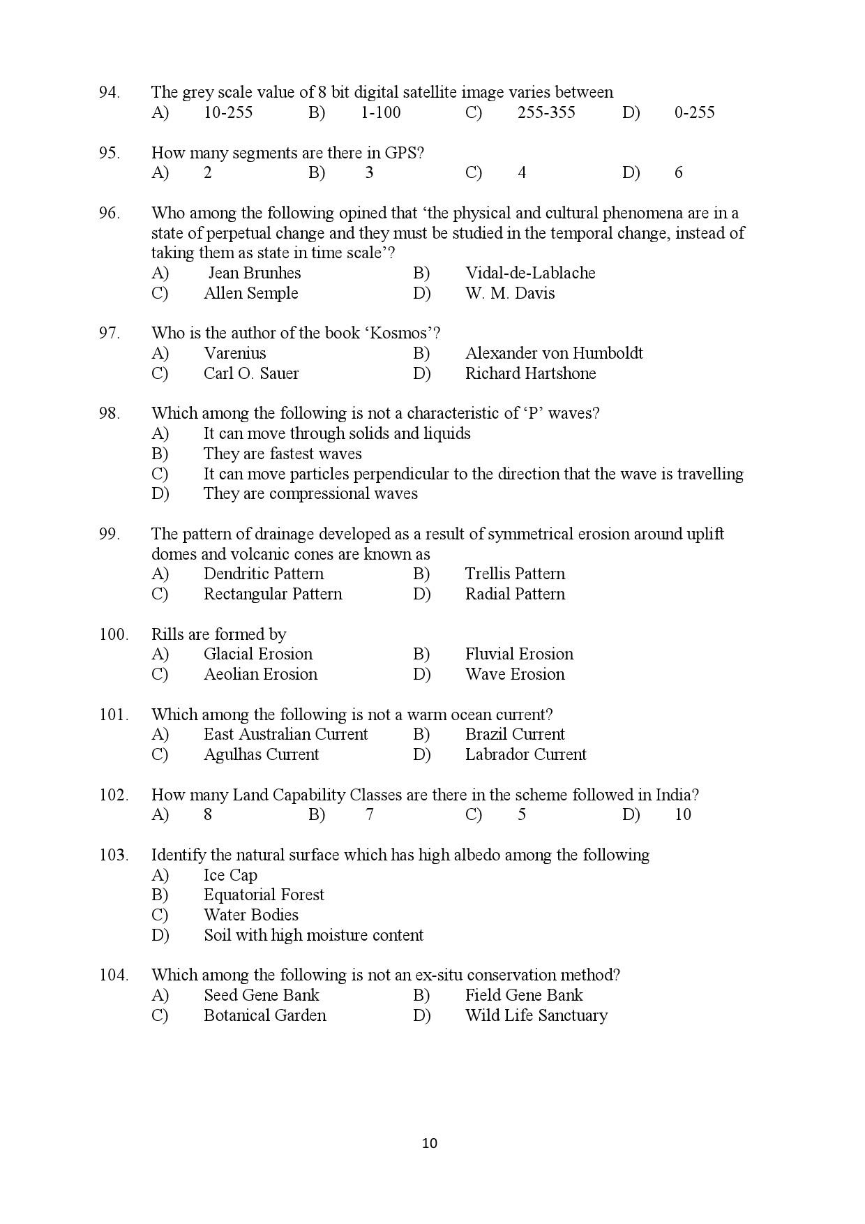 Kerala SET Geography Exam Question Paper July 2019 10