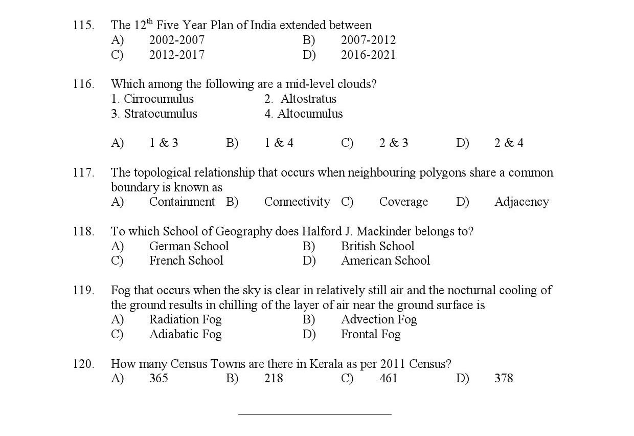 Kerala SET Geography Exam Question Paper July 2019 12