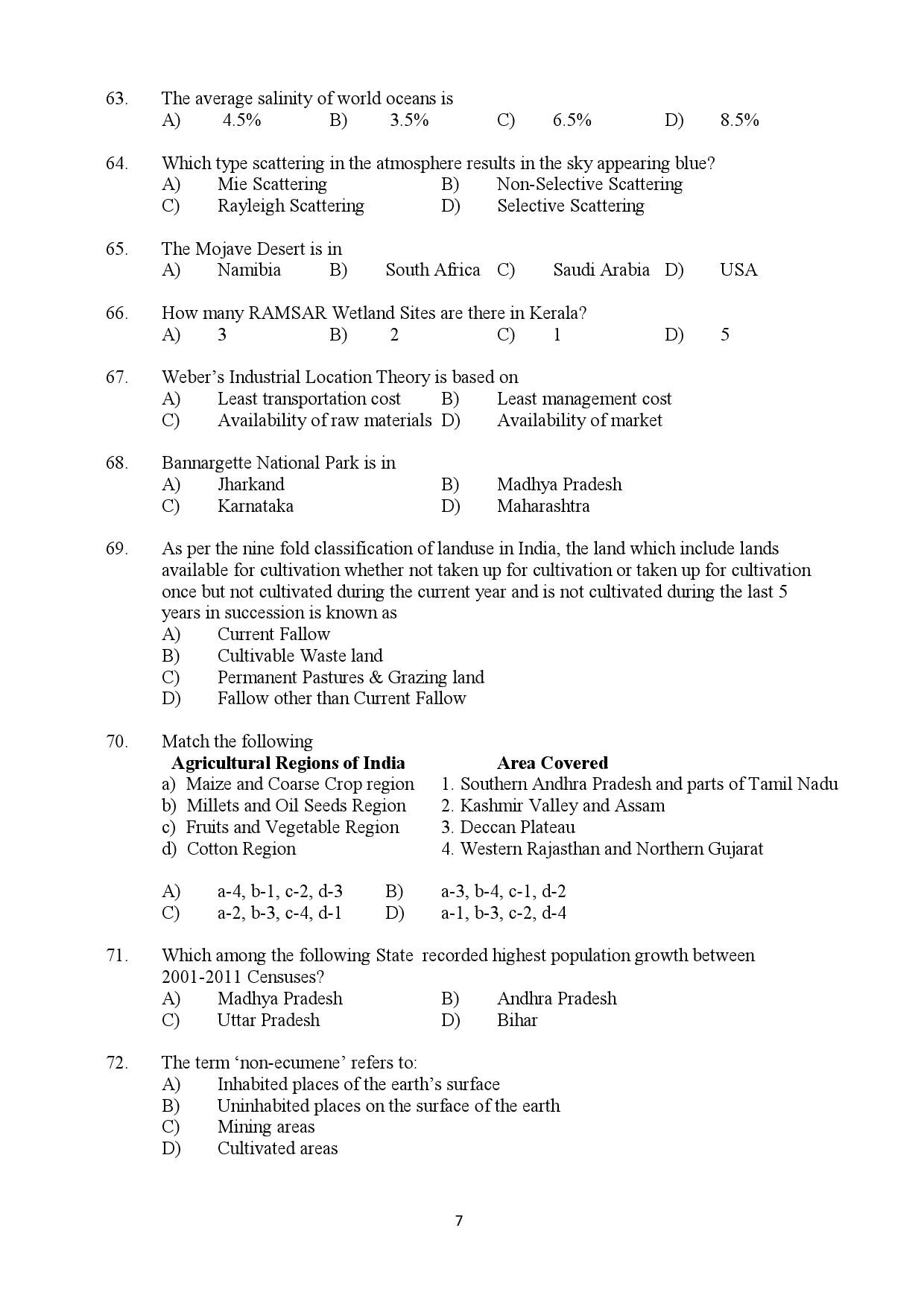Kerala SET Geography Exam Question Paper July 2019 7