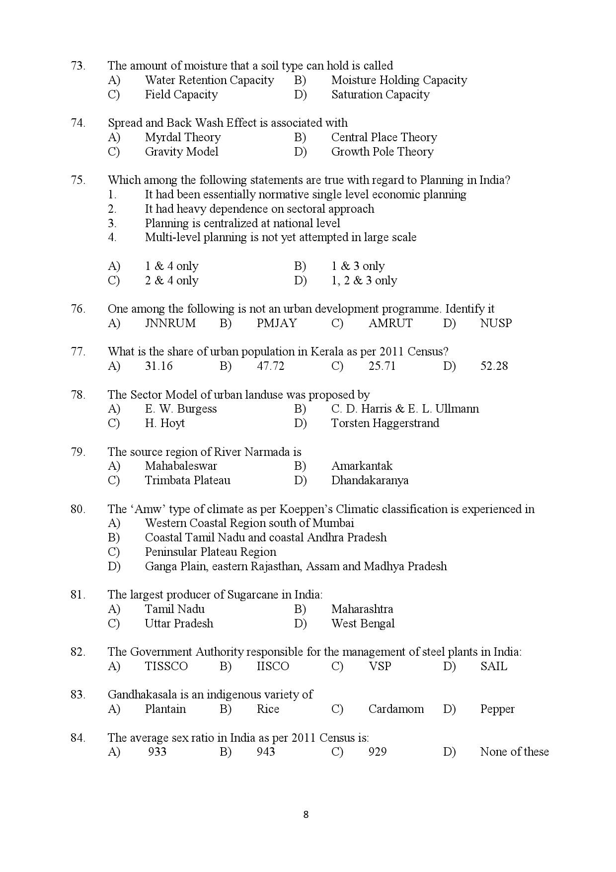 Kerala SET Geography Exam Question Paper July 2019 8