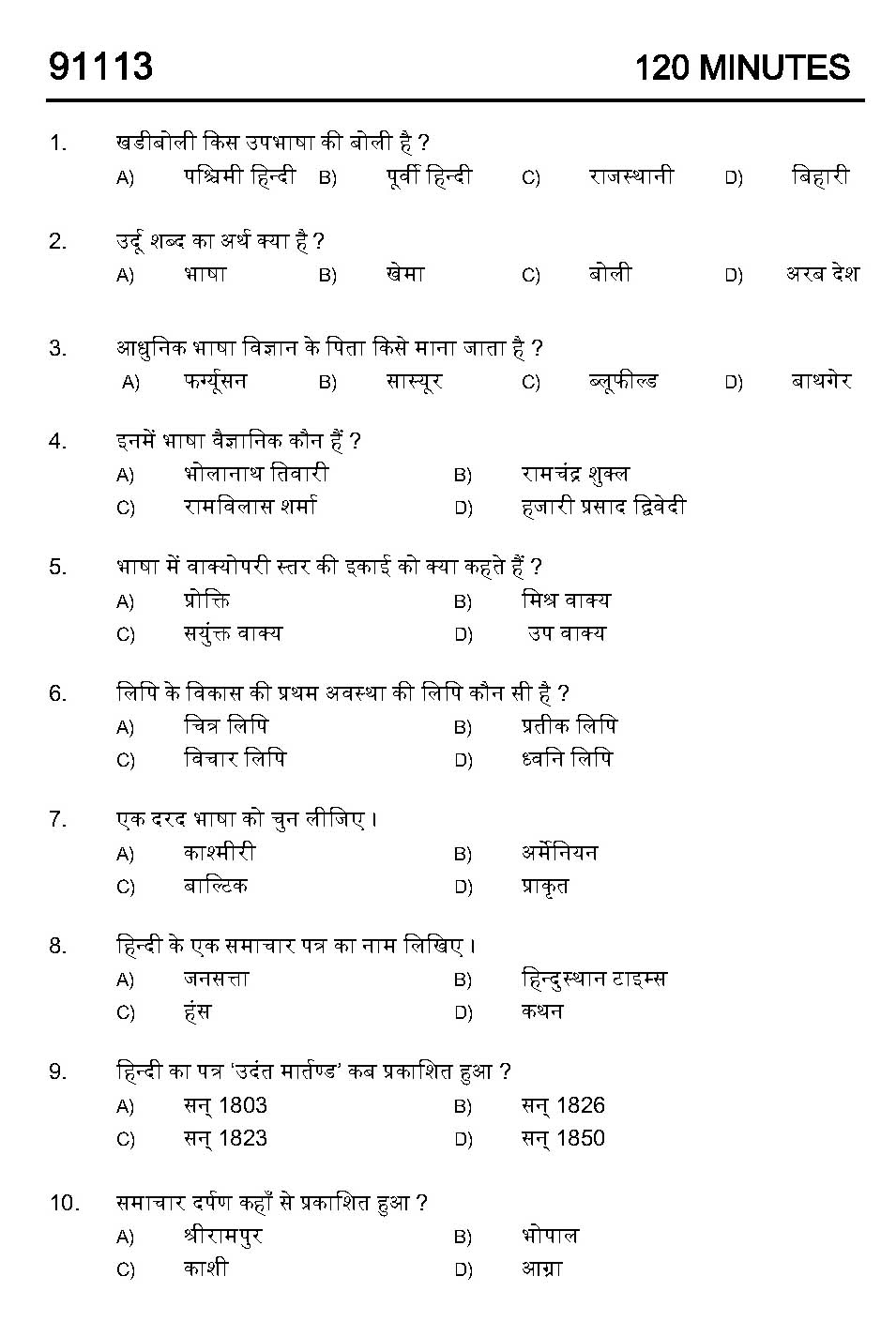 Kerala SET Hindi Exam 2011 Question Code 91113 1
