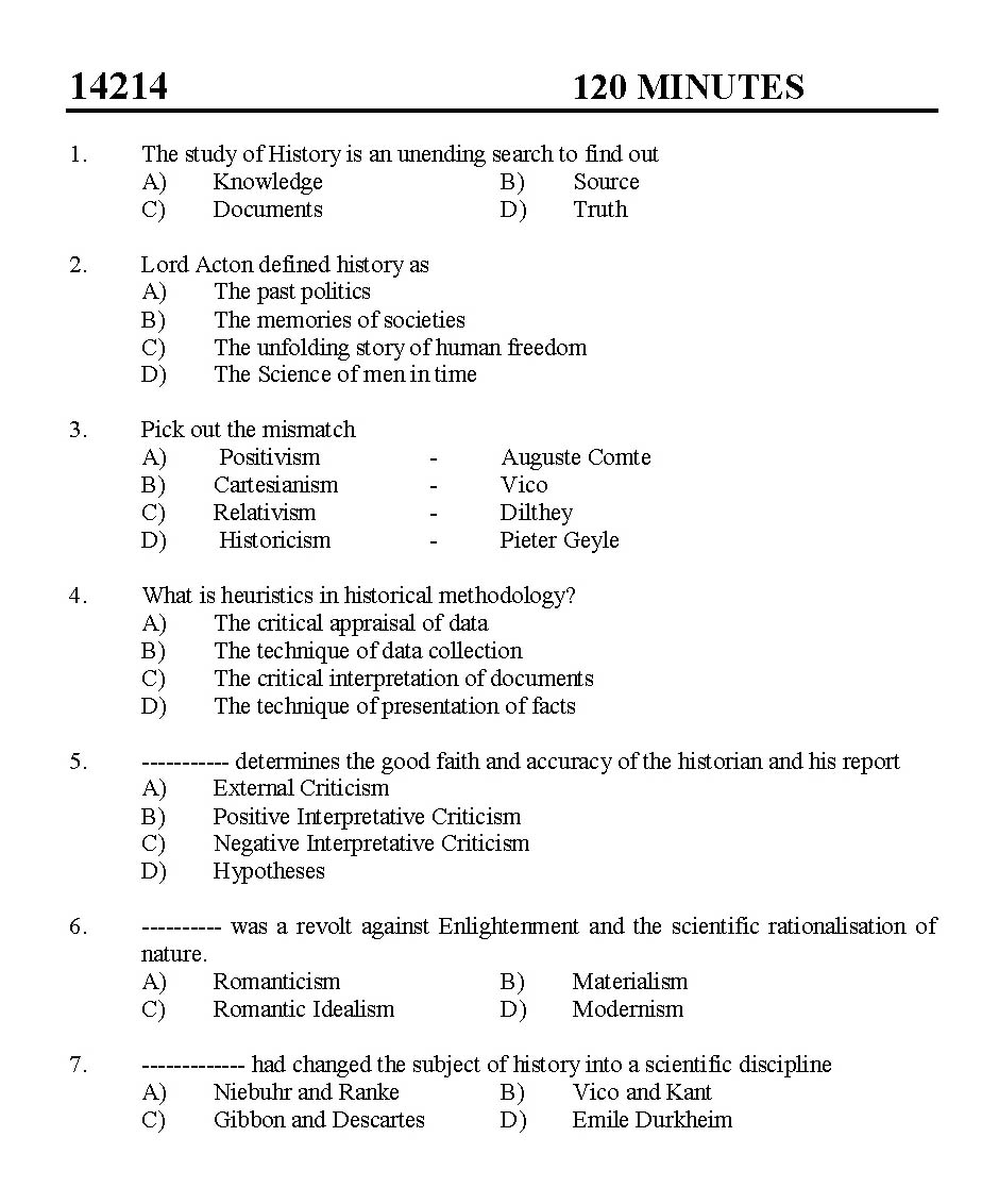 Kerala SET History Exam 2014 Question Code 14214 1