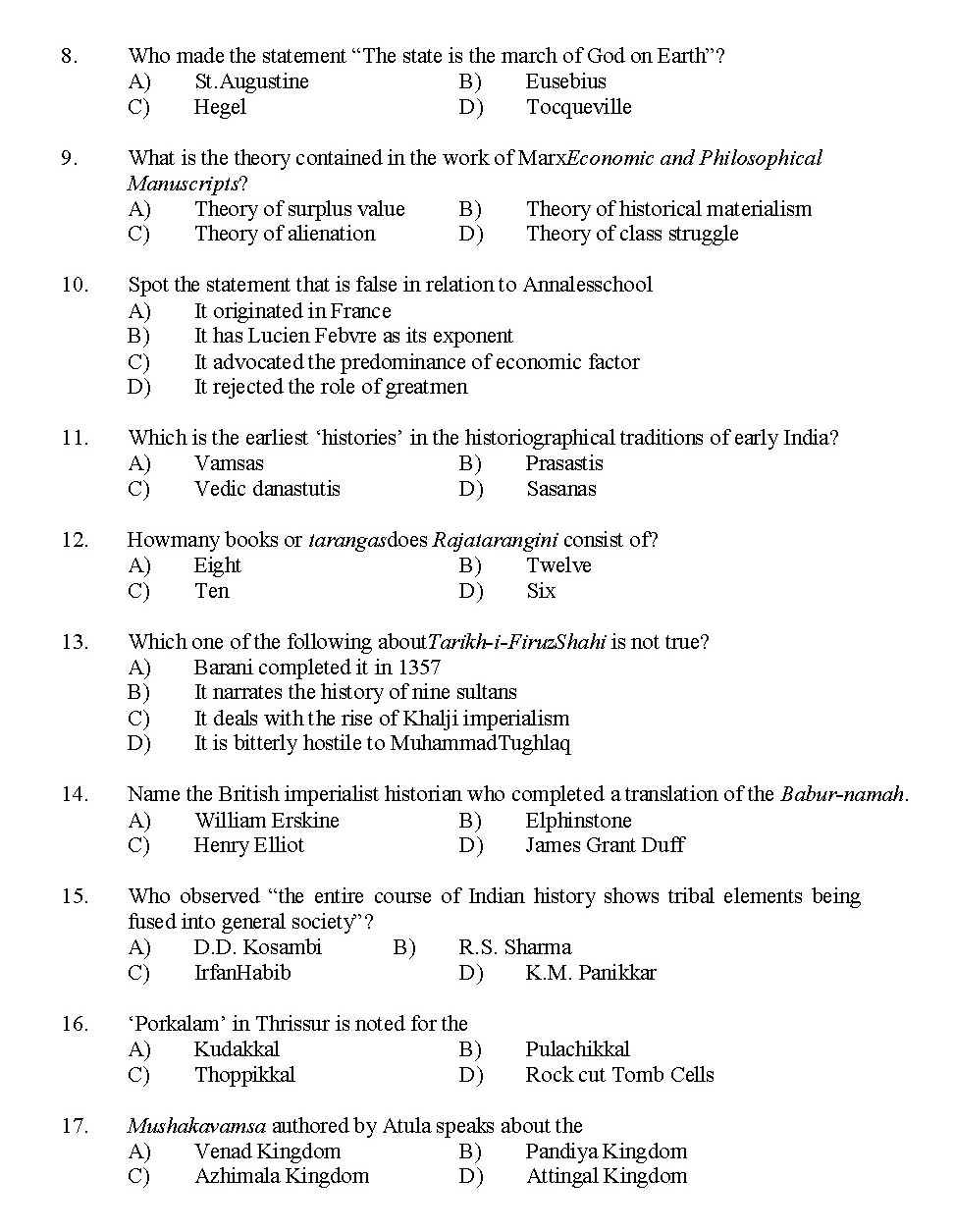 Kerala SET History Exam 2014 Question Code 14214 2