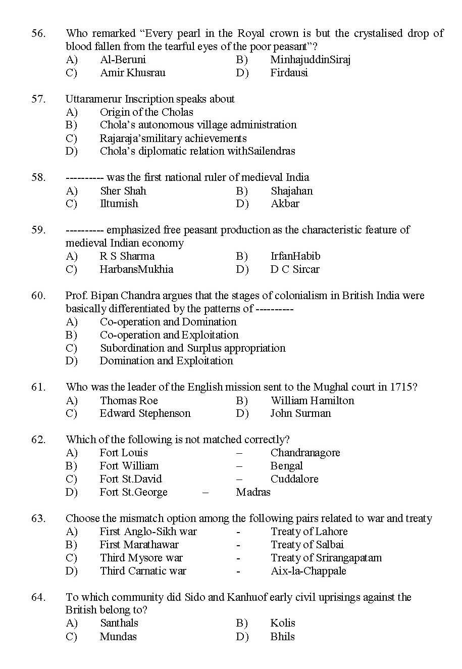 Kerala SET History Exam 2014 Question Code 14214 7