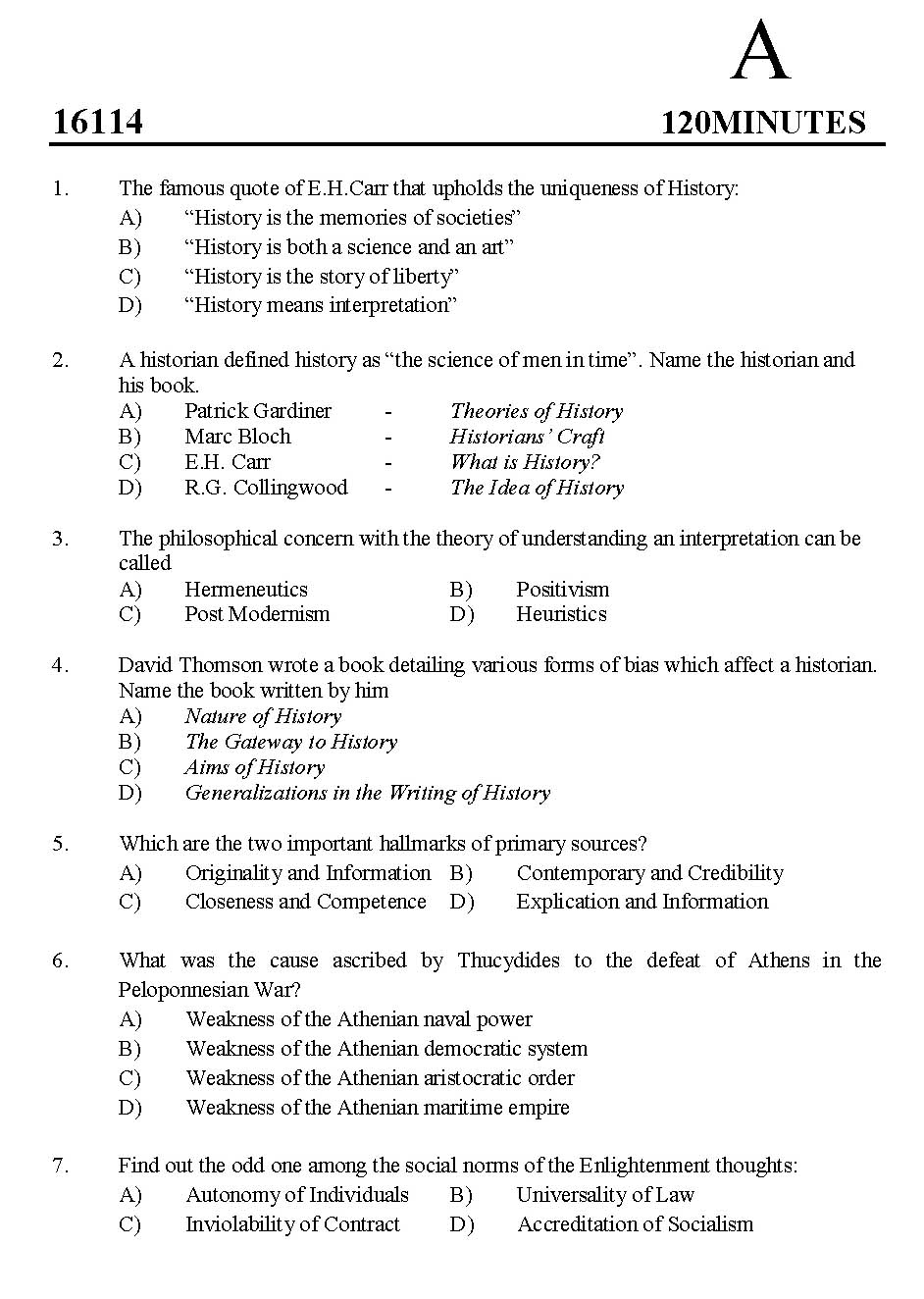 Kerala SET History Exam 2016 Question Code 16114 A 1