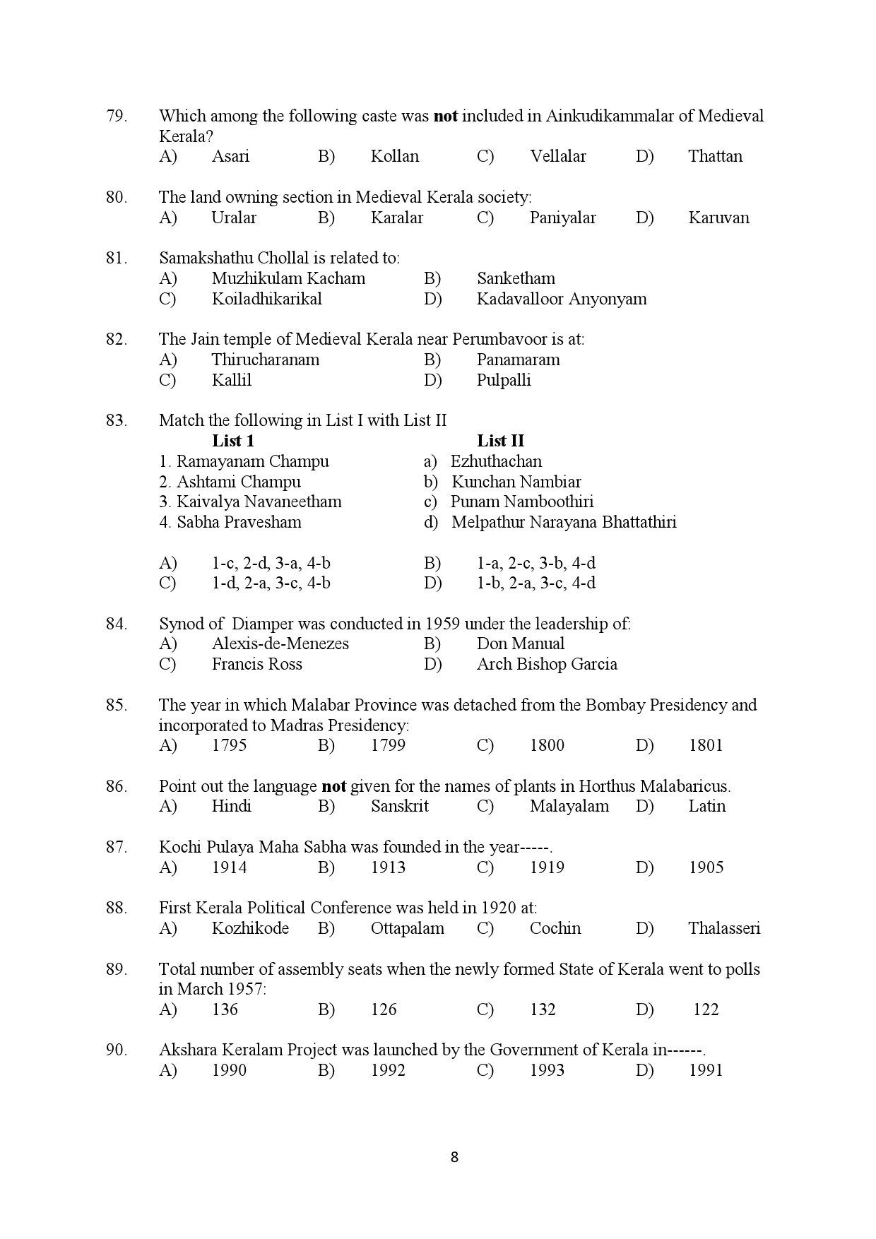 Kerala SET History Exam Question Paper February 2020 8