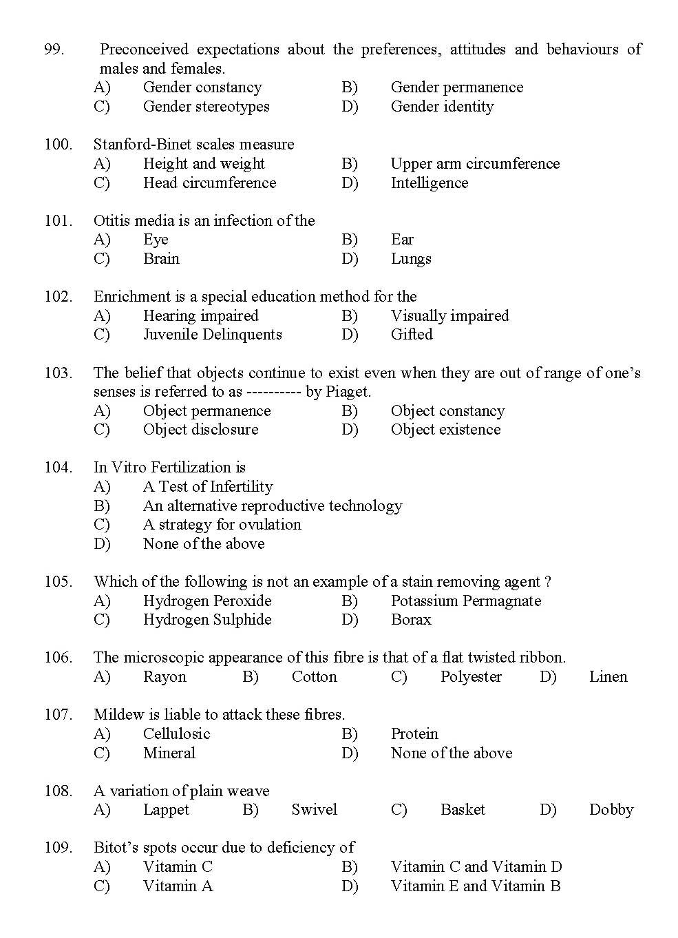 Kerala SET Home Science Exam 2012 Question Code 12915 10
