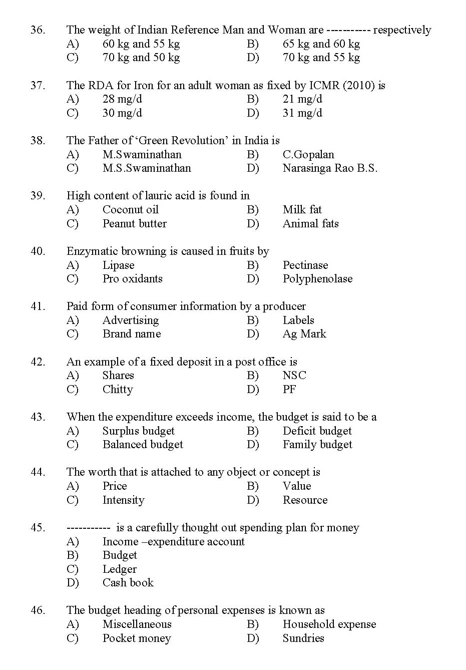 Kerala SET Home Science Exam 2012 Question Code 12915 4