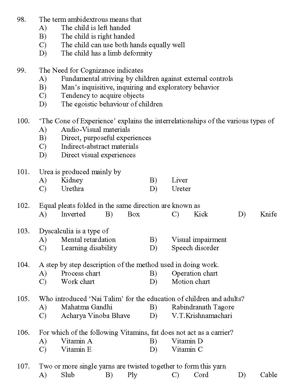Kerala SET Home Science Exam 2013 Question Code 13615 10