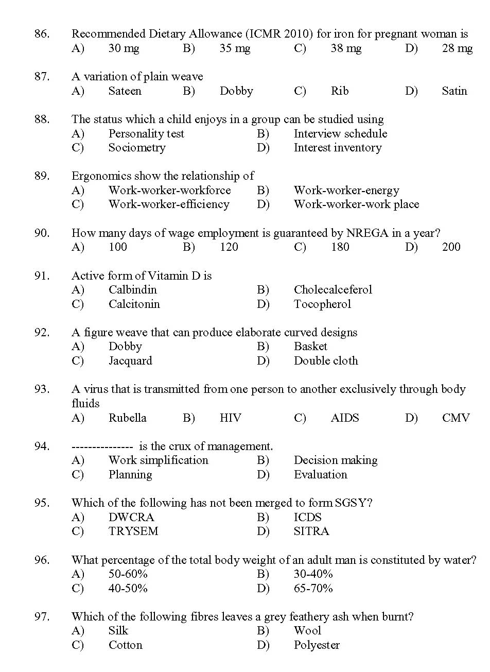Kerala SET Home Science Exam 2013 Question Code 13615 9