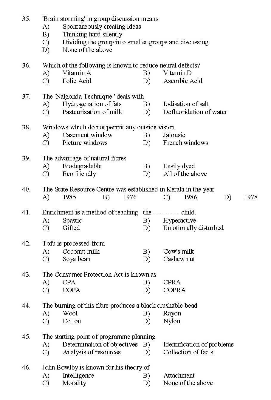 Kerala SET Home Science Exam 2014 Question Code 14215 4