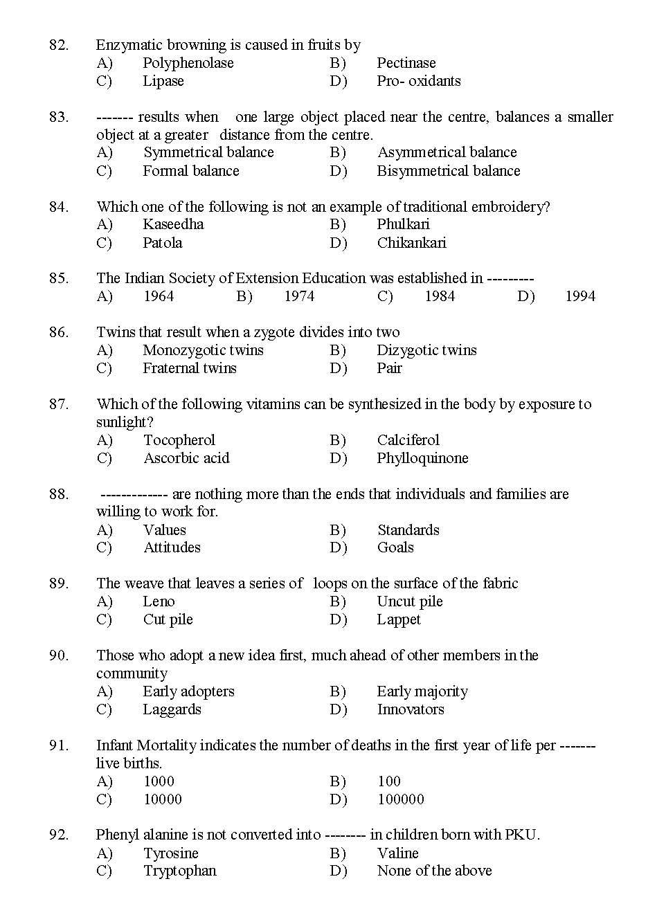 Kerala SET Home Science Exam 2014 Question Code 14215 8
