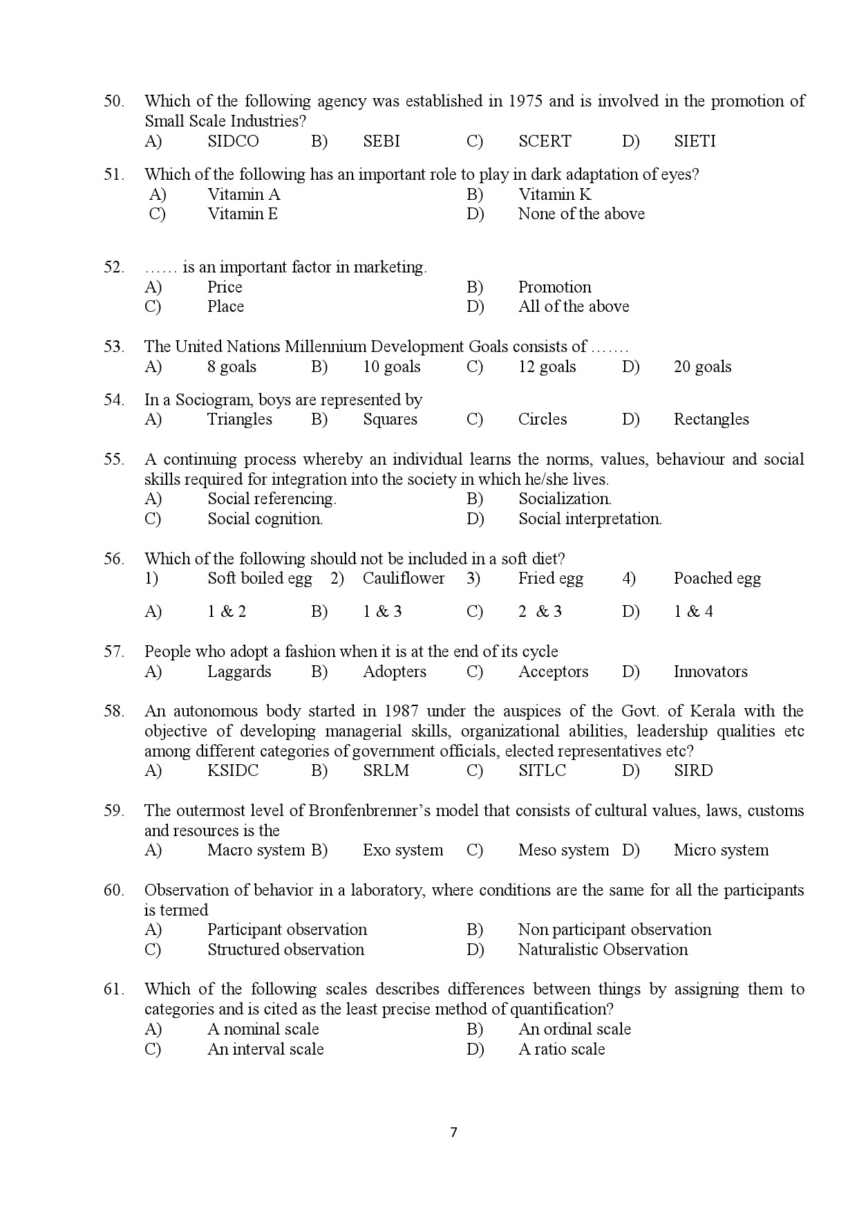 Kerala SET Home Science Exam Question Paper February 2018 7